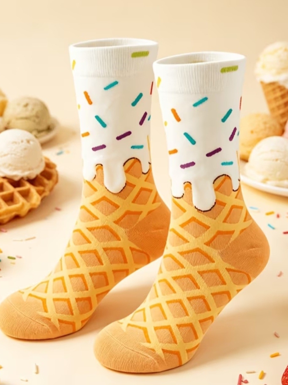 Ice Cream Cone Novelty Socks - White & Orange
